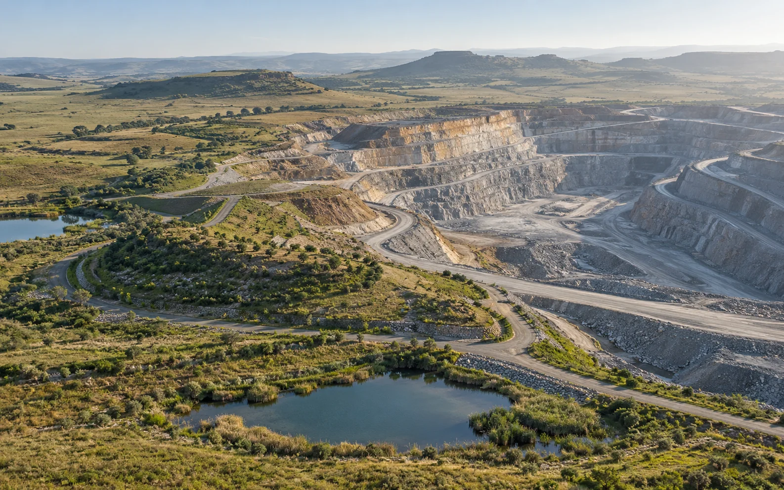 Illustration of an open-pit mining landscape with rehabilitated vegetation and water.
